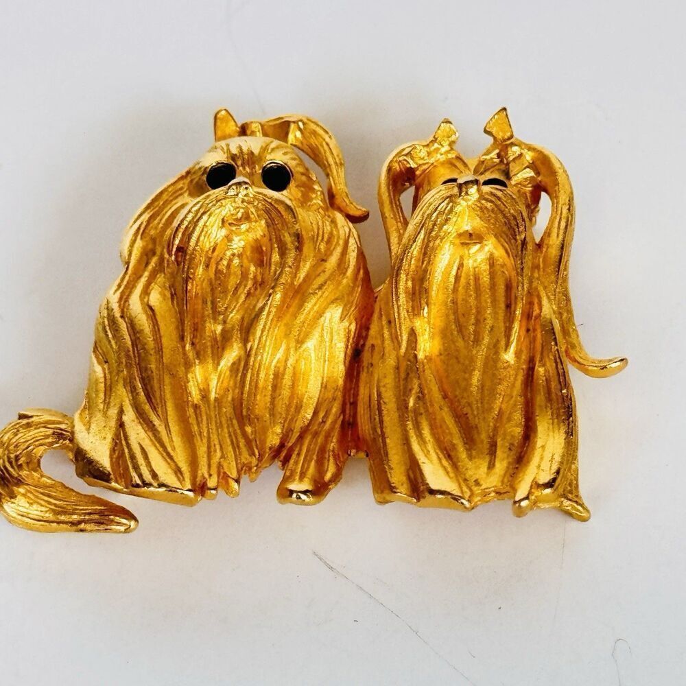 Vintage Bob Mackie gold tone double dog Lhasa Apso Brooch Two Puppies Dogs - Picture 4 of 10